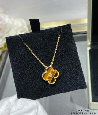 Van Cleef & Arpels Single-Diamond Tiger's Eye Clover Necklace